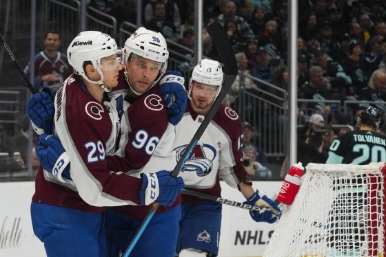 Colorado's line of Nathan MacKinnon (left) Mikko Rantanen (centre) and Valeri Nichushkin has been dangerous for the Avs. (Lindsey Wasson / The Associated Press files)