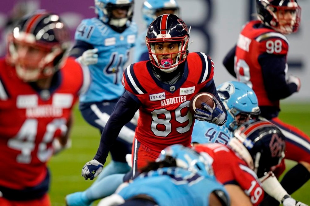 Montreal Alouettes wide receiver James Letcher Jr. (89) runs a kickoff return for a touchdown during second half CFL Eastern Division final football action against the Toronto Argonauts, in Toronto, Saturday, Nov. 11, 2023. Letcher had to wait his turn this season. But promoted from the practice roster, the diminutive Montreal Alouettes kick returner has turned heads and left defenders in his tracks. THE CANADIAN PRESS/Frank Gunn