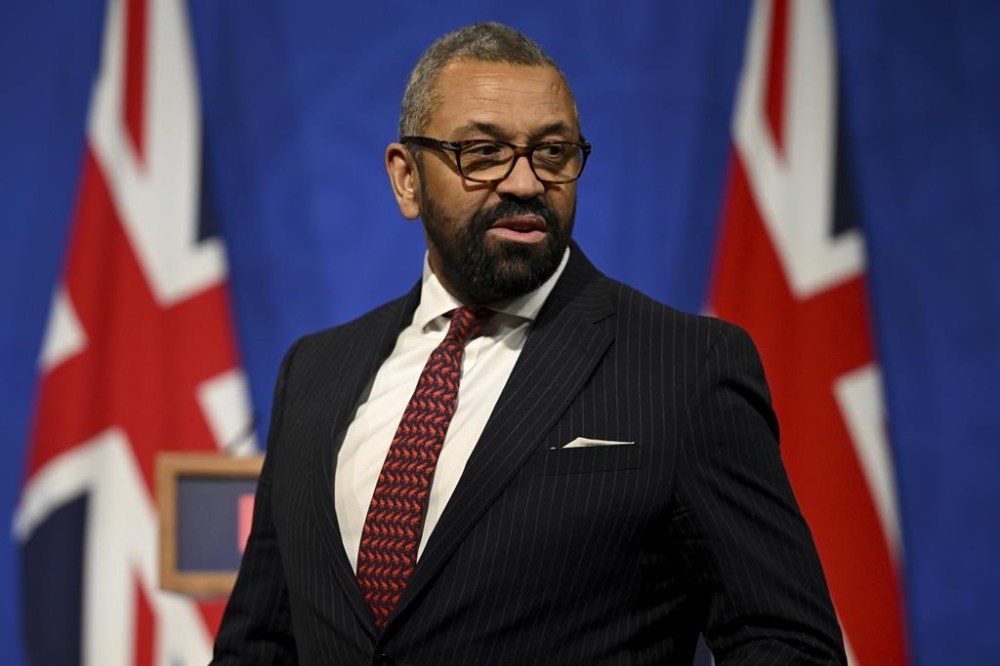 Britain's Secretary of State for the Home Department James Cleverly attends a press conference, following the Supreme Court's Rwanda policy judgement, at Downing Street, London, Wednesday, Nov. 15, 2023. (Leon Neal, Pool Photo via AP)