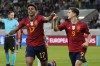 Spain's Lamine Yamal, left, celebrates with his teammate Gavi after scoring his sides first goal during an Euro 2024 group A qualifying soccer match between Cyprus and Spain, at the Alphamega Stadium stadium in Limassol, Cyprus Thursday, Nov. 16, 2023. (AP Photo/Petros Karadjias)