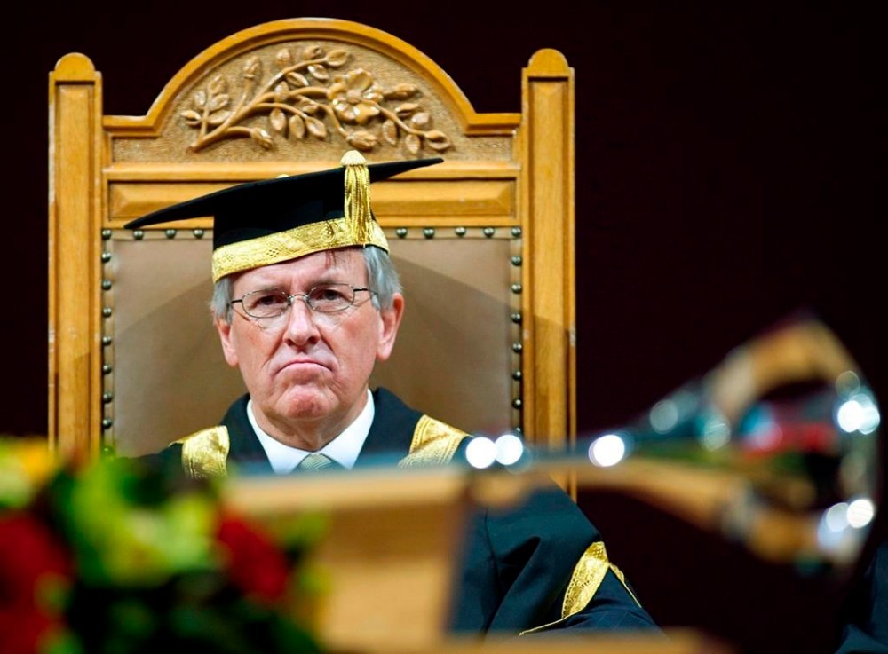 University of Calgary Chancellor Jim Dinning looks on during fall convocation ceremonies in Calgary, Friday, Nov. 12, 2010. The panel hearing feedback on whether Alberta should quit the Canada Pension Plan heard multiple callers tell them Thursday it’s time to embrace a “no-brainer” provincial program. THE CANADIAN PRESS/Jeff McIntosh