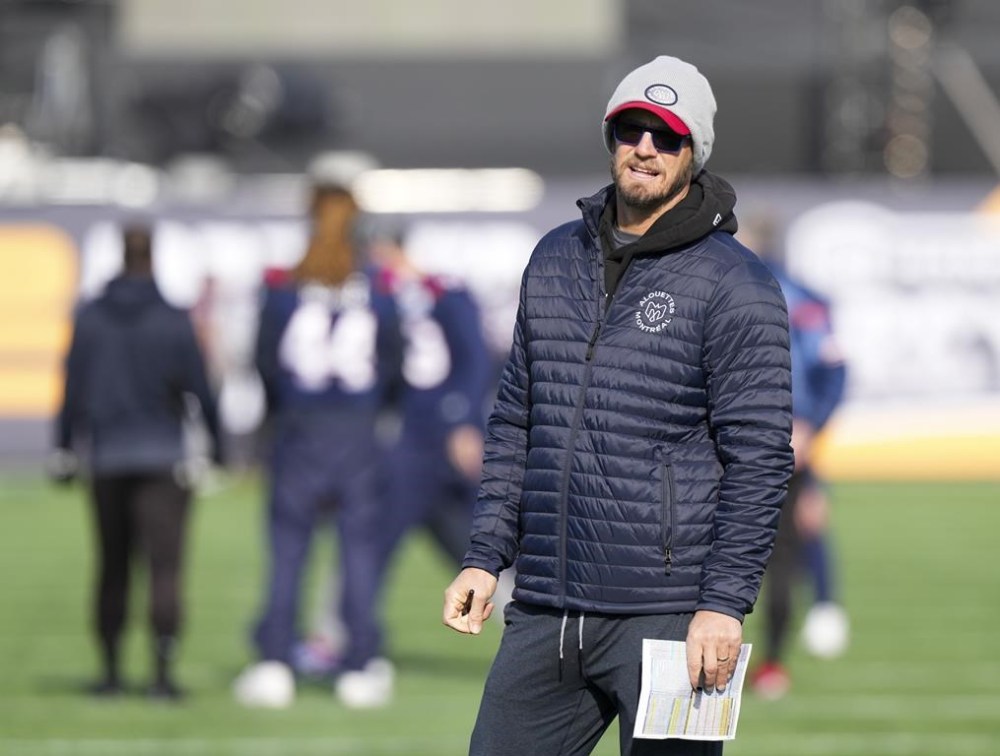 Montreal Alouettes’ head coach Jason Maas takes part in a walkthrough in Hamilton, Ont., on Saturday, Nov. 18, 2023. The Alouettes will take on the Winnipeg Blue Bombers in the 110th CFL Grey Cup on Sunday. THE CANADIAN PRESS/Nathan Denette