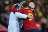 Spain's Gavi Paez is assisted from the field by trainers after injuring his leg during the Euro 2024 group A qualifying soccer match between Spain and Georgia at Jose Zorrilla Stadium in Valladolid, Spain, Sunday, Nov. 19 23, 2023. (AP Photo/Manu Fernandez)