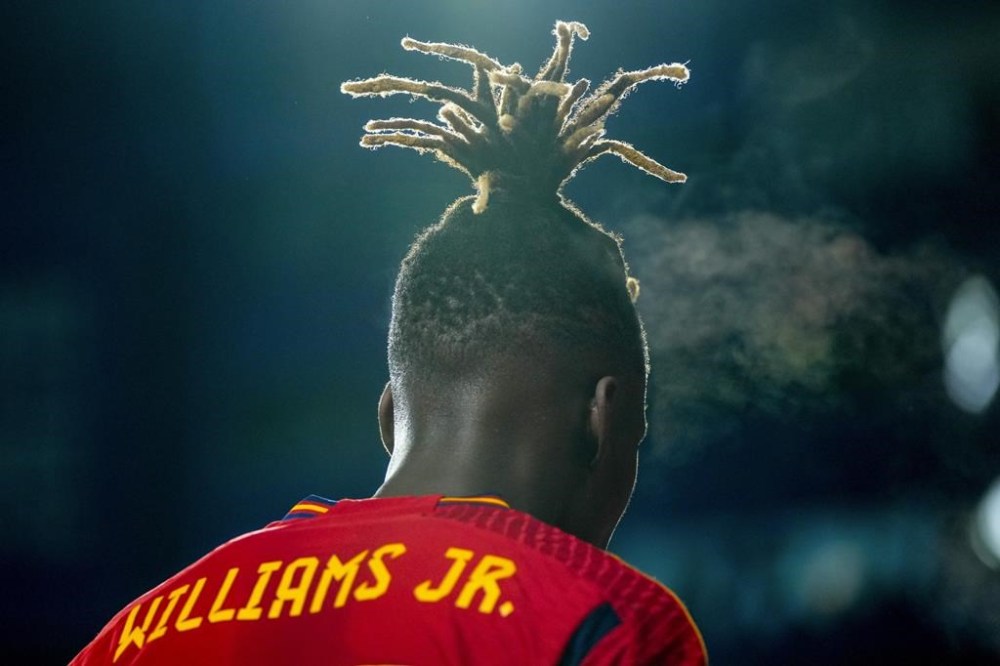Spain's Nico Williams reacts during the Euro 2024 group A qualifying soccer match between Spain and Georgia at Jose Zorrilla Stadium in Valladolid, Spain, Sunday, Nov. 19, 2023. (AP Photo/Manu Fernandez)