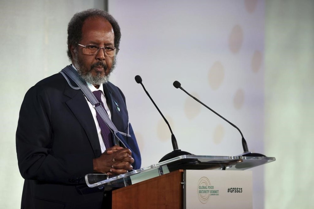 Somali President Hassan Sheikh Mohamud attends the Global Food Security Summit in London, Monday, Nov. 20, 2023. The summit, hosted by the UK in partnership with the UAE, Somalia, the Bill & Melinda Gates Foundation and the Children's Investment Fund, aims to galvanise action to tackle hunger and malnutrition. (Dan Kitwood/PA via AP)