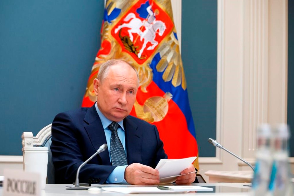 Russian President Vladimir Putin participates in an extraordinary G20 summit via videoconference in Moscow, Russia, Wednesday, Nov. 22, 2023. (Mikhail Klimentyev, Sputnik, Kremlin Pool Photo via AP)