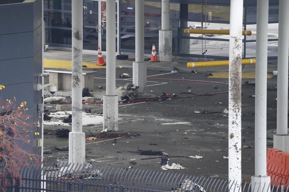 Debris is scattered about inside the customs plaza at the Rainbow Bridge border crossing, Wednesday, Nov. 22, 2023, in Niagara Falls, N.Y. The border crossing between the U.S. and Canada was closed after a vehicle exploded at a checkpoint on a bridge near Niagara Falls. The FBI's field office in Buffalo said in a statement that it was investigating the explosion on the Rainbow Bridge, which connects the two countries across the Niagara River. THE CANADIAN PRESS/Derek Gee/The Buffalo News via AP