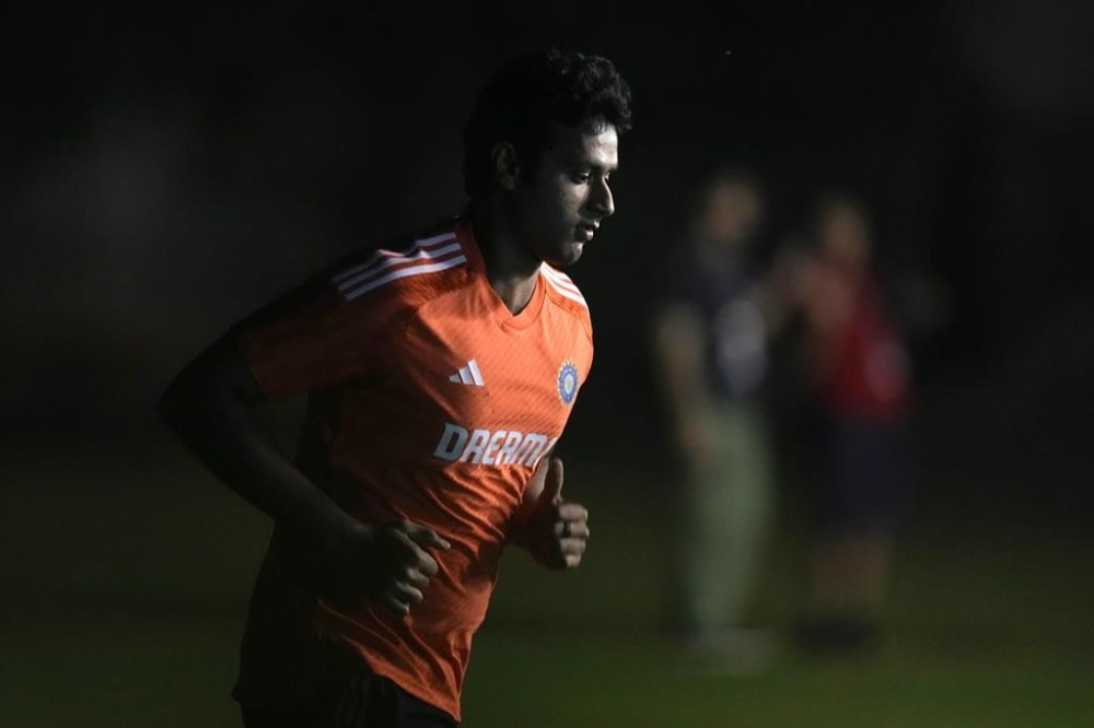 Indian cricketer Shivam Dube attends a training session on the eve of the first T20 cricket match between India and Australia in Visakhapatnam, India, Wednesday, Nov. 22, 2023. (AP Photo/Mahesh Kumar A.)