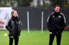 Union Berlin's co-coach Marie-Louise Eta, left, and Marco Grote lead a training session in Berlin, on Monday, Nov. 20, 2023. Marie-Louise Eta is set to become the first female coach in the Bundesliga when Union Berlin plays on Saturday. Union appointed Eta as assistant to interim coach Marco Grote following its dismissal of the popular Urs Fischer during the international break. (Matthias Koch/dpa via AP)