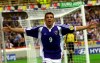 FILE - Yugoslavia's Savo Milosevic celebrates his goal against Spain during a Group C match of the EURO 2000 soccer championships between Yugoslavia and Spain at the Jan Breydel Stadium in Bruges on June 21, 2000. There was a hat trick of European Championship qualifications this week for soccer teams from the former Yugoslavia. Now Bosnia-Herzegovina aims to make it a record four in Germany next year. Serbia, Slovenia and Croatia all qualified between Sunday and Tuesday. The sense of history was appreciated Thursday by Bosnia’s coach Savo Milošević. (AP Photo/Michael Probst)
