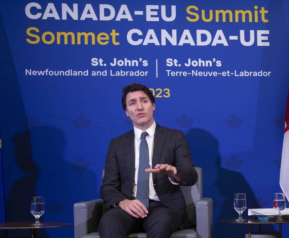 Prime Minister Justin Trudeau attends the second day of the Canada-EU summit in St. John’s on Friday, Nov.24 2023. THE CANADIAN PRESS/Paul Daly