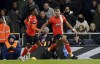 Luton Town's Jacob Brown, right, celebrates scoring their side's second goal of the game during the Premier League soccer match between Luton and Crystal Palace at Kenilworth Road, Luton, England, Saturday Nov. 25, 2023. (Zac Goodwin/PA via AP)