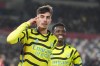 Arsenal's Kai Havertz, left, celebrates after scoring his side's opening goal during the English Premier League soccer match between Brentford and Arsenal at the Gtech Community stadium in London, Saturday, Nov. 25, 2023. (AP Photo/Kirsty Wigglesworth)