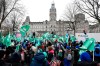 Four large Quebec public sector unions say they will strike for a week in December in an effort to increase the pace of contract negotiations with the provincial government. Thousands of members of the unions' common front gathered to protest, Thursday, November 23, 2023 at the National Assembly in Quebec City. THE CANADIAN PRESS/Jacques Boissinot