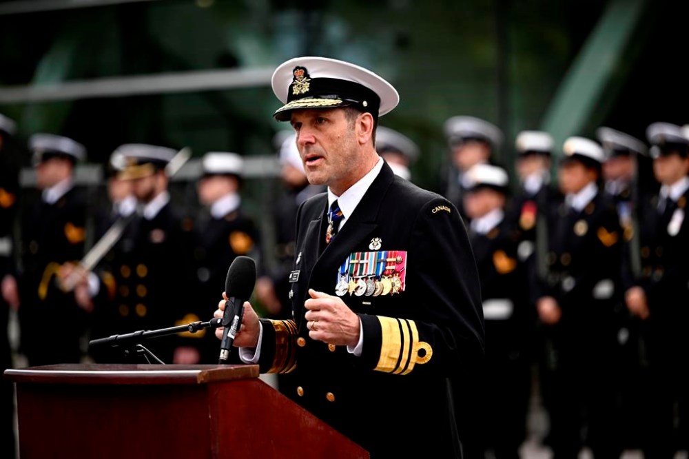 Vice-Admiral Angus Topshee, commander of the Canadian Navy, speaks during the rededication of the National Naval Reserve Monument at HMCS Carleton in Ottawa, on Saturday, Oct. 14, 2023. Topshee says the force is in a
