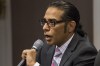 FILE - Gurpatwant Singh Pannun, left, speaks, Sept. 26, 2014 in New York. India has set up a high-level inquiry after U.S. authorities raised concerns with New Delhi that its government may have had knowledge of a plot to kill the Sikh separatist leader on American soil, an Indian official said on Wednesday, Nov. 29, 2023. (AP Photo/Craig Ruttle, File)