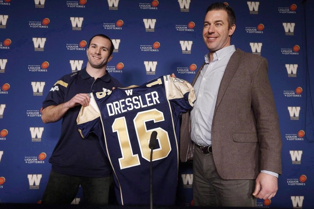 Winnipeg Blue Bombers general manager Kyle Walters says he expects a challenging off-season putting the pieces together for next year’s CFL roster. Blue Bombers receiver Weston Dressler and Walters hold up his jersey in Winnipeg on January 27, 2016.THE CANADIAN PRESS/John Woods