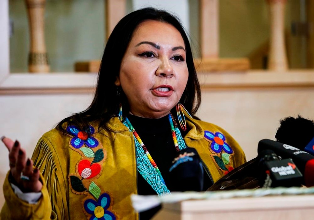 Former Manitoba Keewatinowi Okimakanak Grand Chief and journalist Sheila North announces her AFN candidacy at the Manitoba Indigenous Cultural Education Centre in Winnipeg Thursday, Oct. 26, 2023. The six candidates vying to be the next national chief of the organization that represents more than 600 First Nations in Canada explained how they would advocate for treaty rights, sovereignty and health issues during a forum a week before the election. THE CANADIAN PRESS/John Woods