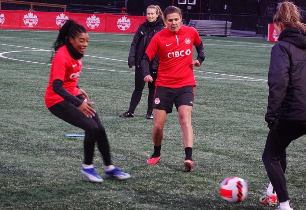 Canada's Christine Sinclair, centre, trains with the Canadian women’s soccer team at Starlight Stadium in Langford, B.C. on Thursday, Nov. 30, 2023 ahead of Friday's international friendly against Australia.THE CANADIAN PRESS/Neil Davidson