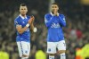 Everton's Jack Harrison and his teammate Arnaut Danjuma cheer supporters at the end of the English Premier League soccer match between Everton and Manchester United, at Goodison Park Stadium, in Liverpool, England, Sunday , Nov. 26, 2023. (AP Photo/Jon Super)
