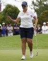 South Africa's Ashleigh Buhai reacts after making a birdie on the second green during the third round of the Australian Open Golf Championships at the Australian Golf Club in Sydney, Australia, Saturday, Dec. 2, 2023. (AP Photo/Mark Baker)