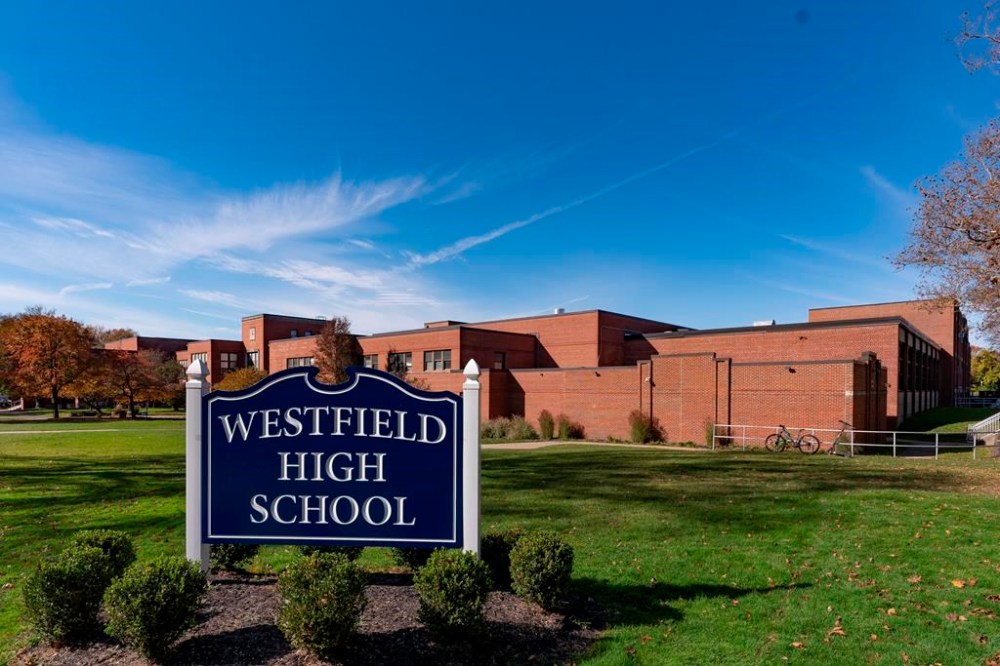 Westfield High School in Westfield, N.J. is shown on Wednesday, Nov. 8, 2023. AI-generated nude pictures were created using the faces of some female students at the school and then circulated among a group of friends on the social media app Snapchat. (AP Photo/Peter K. Afriyie)
