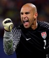 FILE - United States goalkeeper Tim Howard clenches his fist during the World Cup round of 16 soccer match between the United States and Ghana at Royal Bafokeng Stadium in Rustenburg, South Africa, June 26, 2010. Howard was elected to the U.S. National Soccer Hall of Fame on Saturday, Dec. 2, 2023, and will be inducted on May 4, 2024. (AP Photo/Elise Amendola, File)