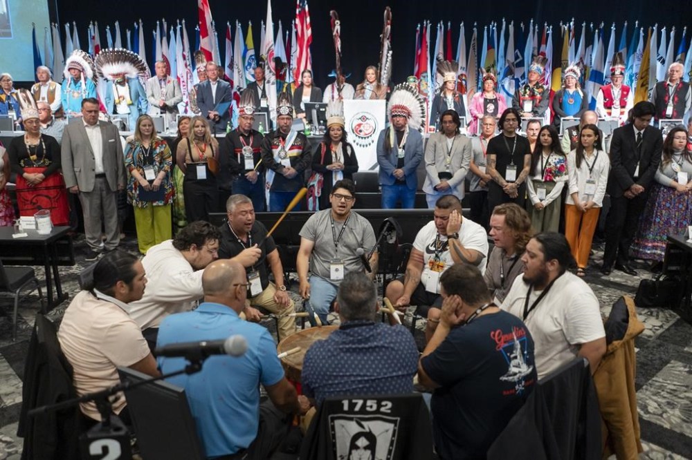 The Assembly of First Nations is set to elect its new national chief this week in Ottawa. The Eastern Eagles Mi'kmaq drumming group performs at the beginning of the AFN annual general assembly, in Halifax, Tuesday, July 11, 2023. THE CANADIAN PRESS/Darren Calabrese