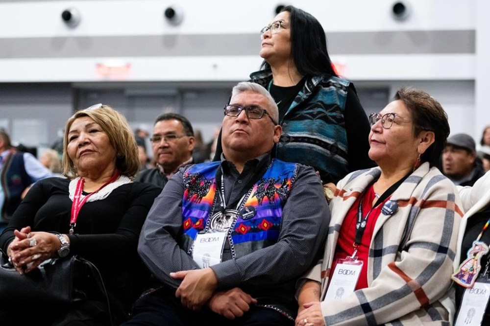 David Pratt, centre, is seen with supporters following the fifth round of voting at the Assembly of First Nations special chiefs assembly in Ottawa, on Wednesday, Dec. 6, 2023. THE CANADIAN PRESS/Spencer Colby