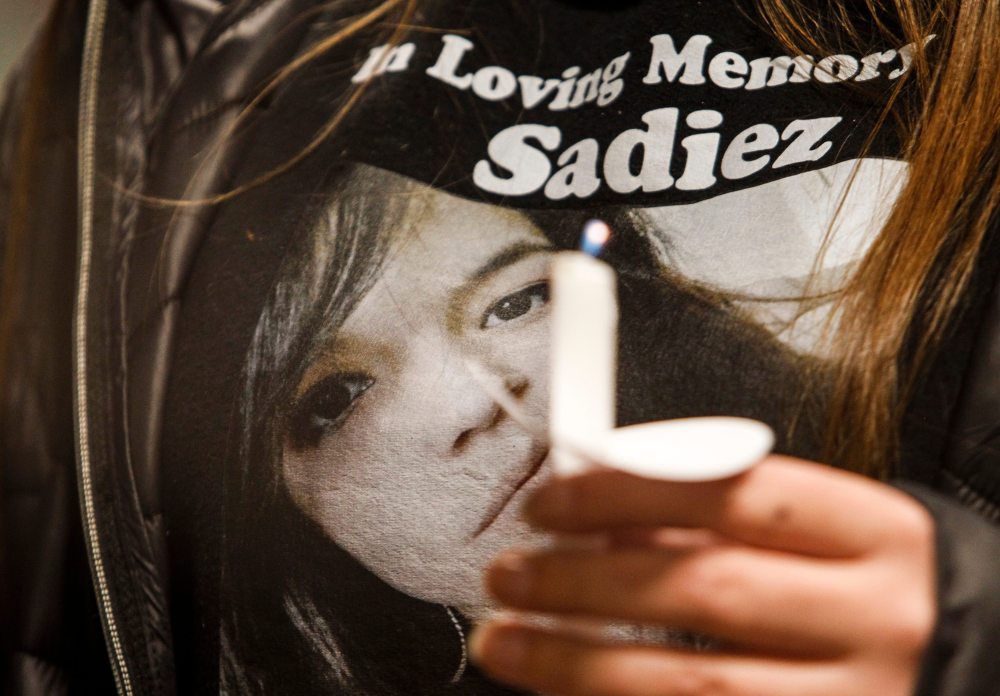 JOHN WOODS / WINNIPEG FREE PRESS
Friends and family of Marcedes Myran gather outside the law courts in Winnipeg Tuesday, November 5, 2023. Pre-trial motions for the Skibicki trial will be heard starting Wednesday.