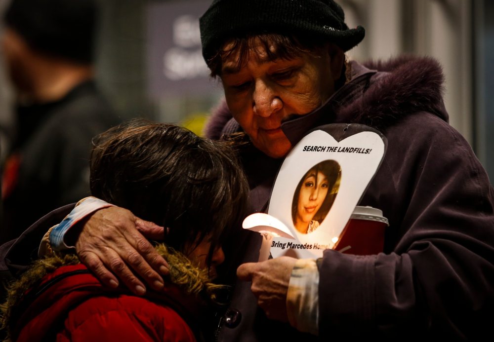 Friends and family joined Donna Bartlett, grandmother of Marcedes Myran, outside the Manitoba Law Courts building in Winnipeg Sunday. Pre-trial motions for the Skibicki trial will be heard starting Wednesday. (John Woods / Winnipeg Free Press)