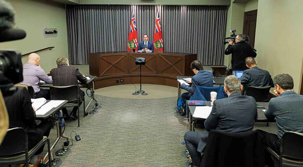 MIKE DEAL / WINNIPEG FREE PRESS
Premier Wab Kinew talks to the media prior to the speech from the throne that takes place later in the afternoon.