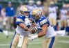 Winnipeg Blue Bombers quarterback Zach Collaros (8) hands off to Brady Oliveira (20) against the Edmonton Elks during first half CFL action in Edmonton, Alta., on Thursday, August 10, 2023. THE CANADIAN PRESS/Jason Franson.