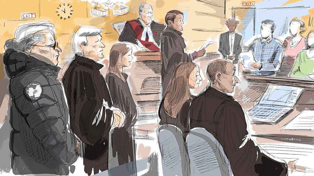 ALEXANDRA NEWBOULD / THE CANADIAN PRESS
Peter Nygard, who once led a women's fashion empire, was found guilty of four counts of sexual assault on Sunday but was acquitted of a fifth count, plus a charge of forcible confinement. Clockwise, from left, Nygard, defence councel Brian Greenspan, co-councel Michelle Biddulph, Justice Robert Goldstein, registrar, jury, Crown Councel Neville Golwalla and fellow Crown Councel Ana Serban, are seen in a Toronto court as the verdict was read in a courtroom sketch made Sunday, Nov. 12, 2023.