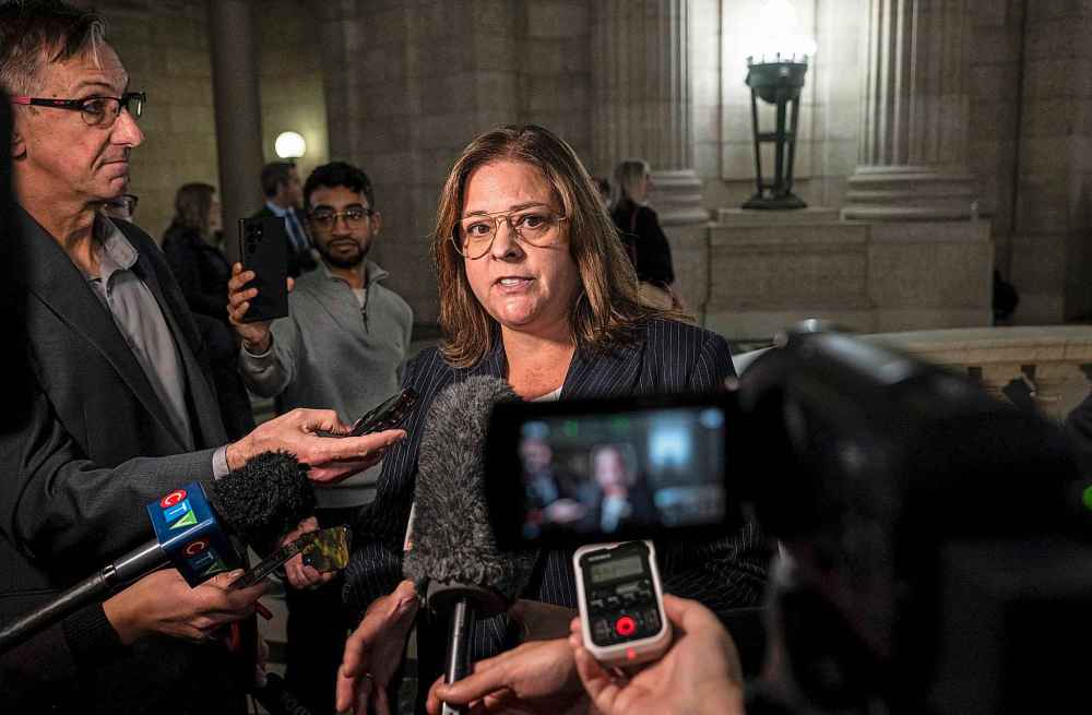 THE CANADIAN PRESS / AARON VINCENT ELKAIM
Leader of the opposition, Heather Stefanson, speaks to media after the completion of the 43rd Manitoba legislature speech from the throne.