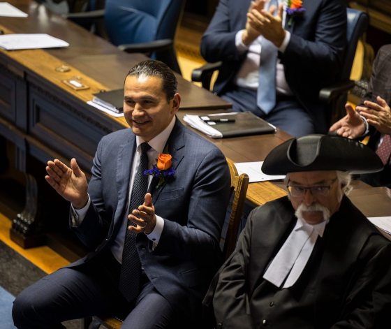 Manitoba Premier Wab Kinew is seen in the legislative assembly during the first session of the 43rd Manitoba legislature throne speech at the Manitoba Legislative Building. (Aaron Vincent Elkaim / The Canadian Press)