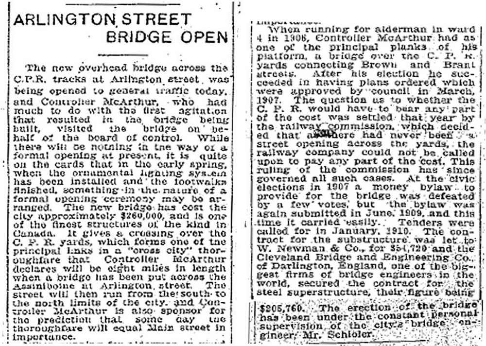 The Arlington Bridge opened to traffic on Feb. 6, 1912. The bridge cost the city $260,000, about $6.7 million in 2023 dollars. No formal opening ceremony was held; one was expected in the spring once ornamental lighting was installed. (The lighting was never installed.) (Winnipeg Free Press Archives)