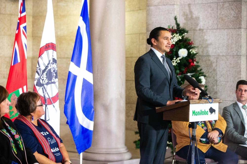 MIKAELA MACKENZIE / WINNIPEG FREE PRESS Files
Premier Wab Kinew announces the introduction of legislation naming Louis Riel as the honourary first premier of Manitoba Nov. 23.