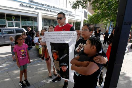 PHIL HOSSACK / WINNIPEG FREE PRESS FILES
                                Felix Thompson holds a portrait of his brother Sean in front of police headquarters with his family, a week after Sean died in police custody in July 2019.