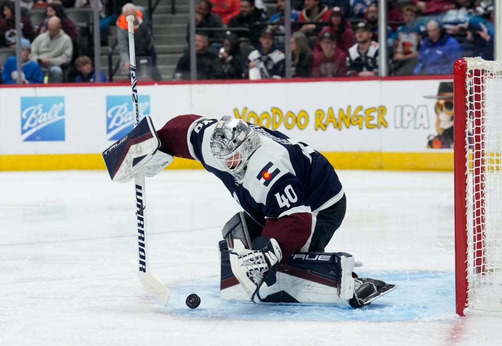 (AP Photo/David Zalubowski)
Colorado Avalanche goaltender Alexandar Georgiev stops a shot in the second period against the Winnipeg Jets, Thursday in Denver.