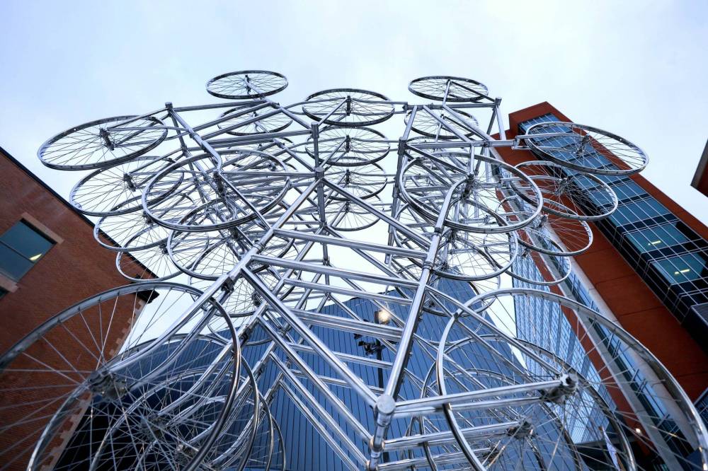 RUTH BONNEVILLE / WINNIPEG FREE PRESS
The “Forever Bicycles” sculpture now on display at The University of Manitoba’s Desautels Concert Hall which is attached to the Taché Arts Complex.