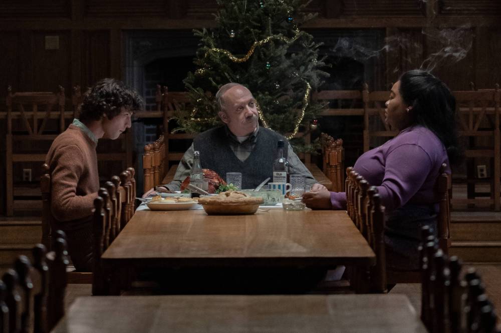 Dominic Sessa (from left), Paul Giamatti and Da’Vine Joy Randolph in The Holdovers. (Seacia Pavao/Focus Features)