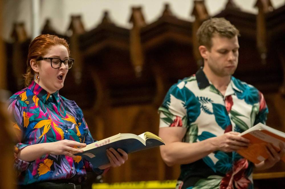 BROOK JONES / WINNIPEG FREE PRESS
Kathleen Murphy, who is a student and choir manager for Rainbow Harmony Project, sings during a dress rehearsal for the upcoming production of Messiah Queered at Holy Trinity Anglican Church in Winnipeg, Wednesday.