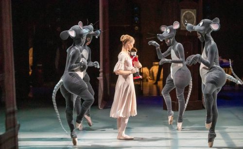 BROOK JONES / WINNIPEG FREE PRESS 
                                  Royal Winnipeg Ballet company artist principal Elizabeth Lamont (middle), who is portraying Clara, holds a nutcracker as she is on stage during the opening night of the Nutcracker by Canada's Royal Winnipeg Ballet at the Centennial Concert Hall in Winnipeg.