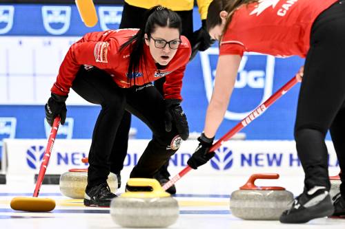 Canada’s Skipper Kerri Einarson in action during the bronze medal match between Canada and Sweden of the LGT World Women’s Curling Championship at Goransson Arena in Sandviken, Sweden, Sunday, March 26, 2023. (Jonas Ekstromer/TT News Agency via AP)
