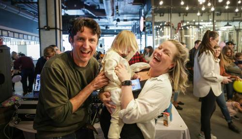 RUTH BONNEVILLE / WINNIPEG FREE PRESS   NT - kids dance party Wacky Doodle Dance Party DJs along with party goers dancing at Hargrave Street Market. Story is a review of a dance party for kids. DJ Co-op Tim Hoover and K Chedda, Karl Colpitts with their daughter Ellie. Story by AV Kitching March 11th, 2023
