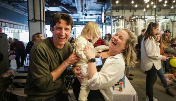 DJ Co-op (Tim Hoover) and K Chedda (Karl Colpitts) with their daughter Ellie; the couple host the WackyDoodle Dance Party. (Ruth Bonneville / Winnipeg Free Press)