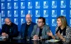 Magali Picard, right, of the FTQ union, speaks at a news conference of the common front, Thursday, Dec. 7, 2023, at the legislature in Quebec City. Eric Gingras of the CSQ, from the left, Robert Comeau of the APTS, and Francois Enault of the CSN, left, look on. THE CANADIAN PRESS/Jacques Boissinot
