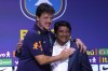 FILE - Fernando Diniz, left, the new head coach of the Brazil's national soccer team, and Brazilian Soccer Confederation President Ednaldo Rodrigues, right, embrace during a media presentation in Rio de Janeiro, Brazil, July 5, 2023. A Rio de Janeiro state court has removed Rodrigues from office because of irregularities in the proceedings that led to his election last year. (AP Photo/Silvia Izquierdo, File)