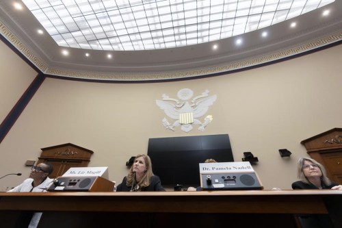 From left, Harvard President Claudine Gay, left, University of Pennsylvania President Liz Magill, and Massachusetts Institute of Technology (MIT) President Sally Kornbluth listen during a hearing of the House Committee on Education on Capitol Hill, Tuesday, Dec. 5, 2023 in Washington. (AP Photo/Mark Schiefelbein)